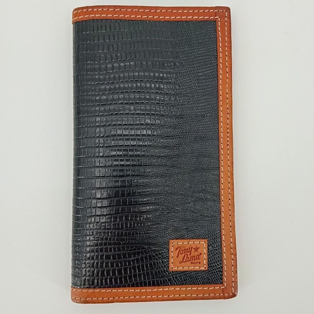 Tony Lama Western Lizard Embossed Leather Long Wallet Black Brown Trim Vintage